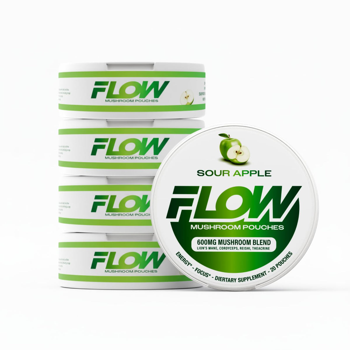 Stack of Flow Mushroom Pouches containers with a sour apple flavor label on a white background.