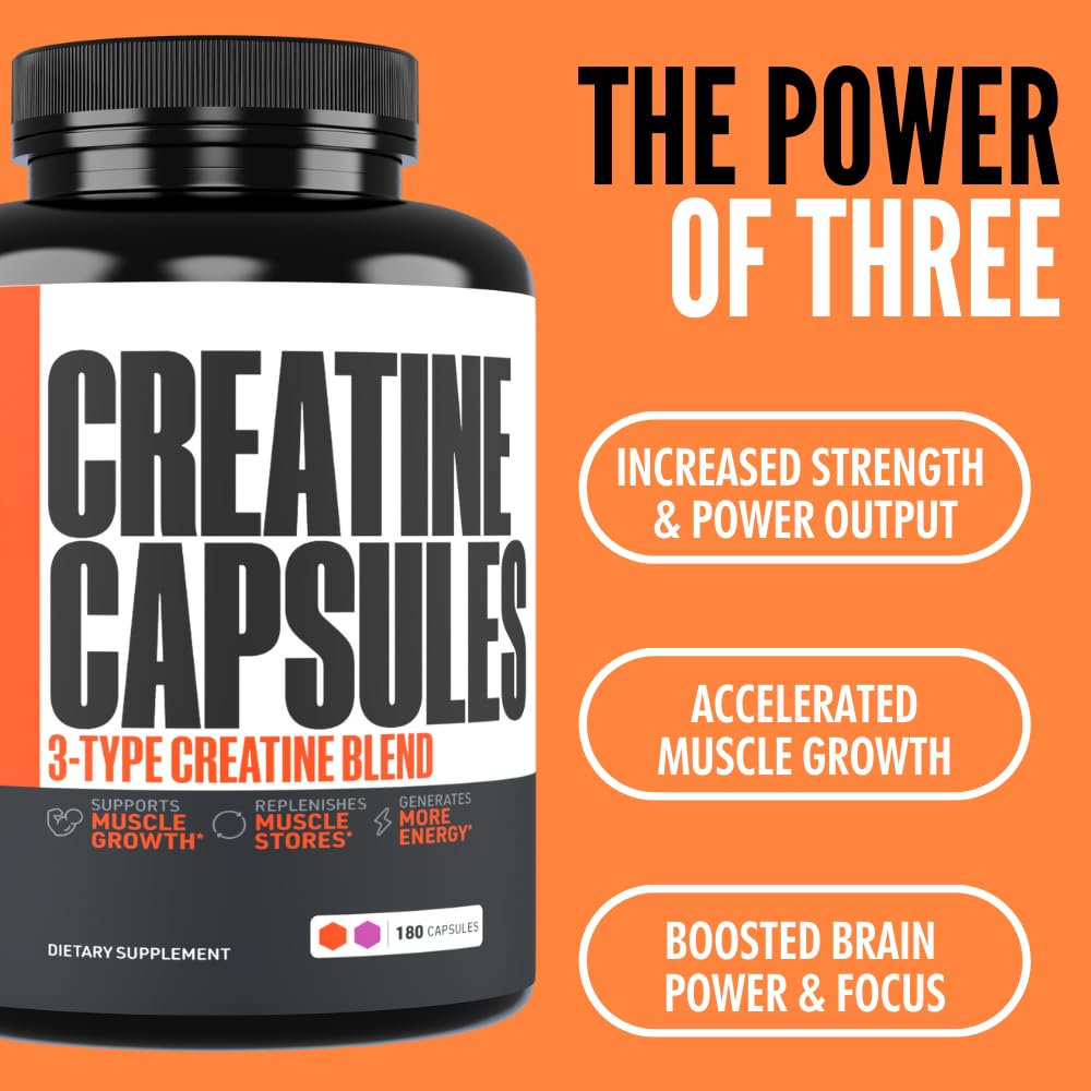 Creatine Capsules, 5g Premium 3X ThreeAtine Pre Workout Bulk Muscle Mass Gainer, High Absorption Easy to Take Creatine Monohydrate Pills Alternative Optimum Performance for Men Women, 180 Capsules Crazy MuscleBuy Supplements Australia