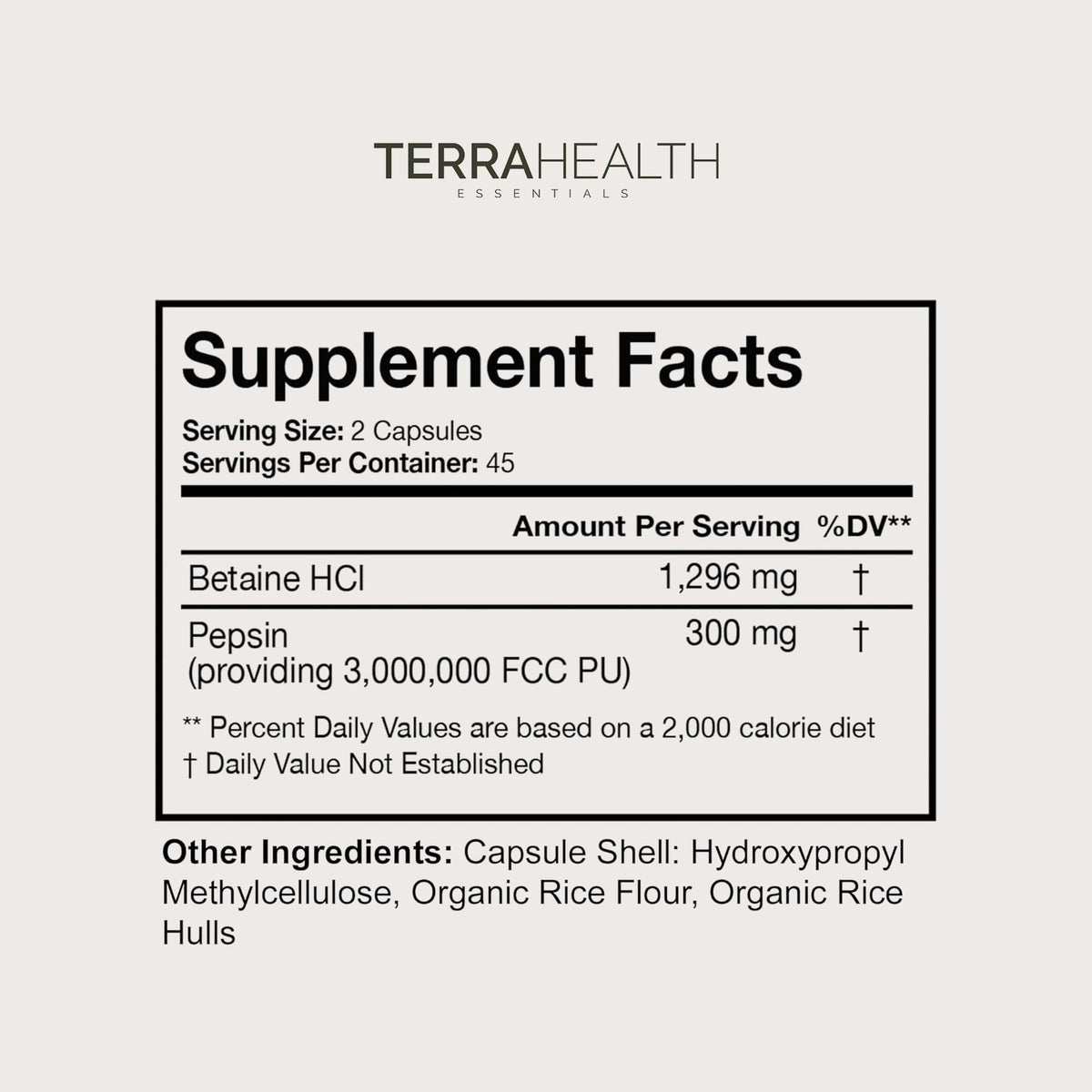 Terra Health Essentials Reflux Inhibitor - Digestive Supplement for Stomach Comfort, Acid Balance & Nutrient Absorption - Betaine HCL with Pepsin