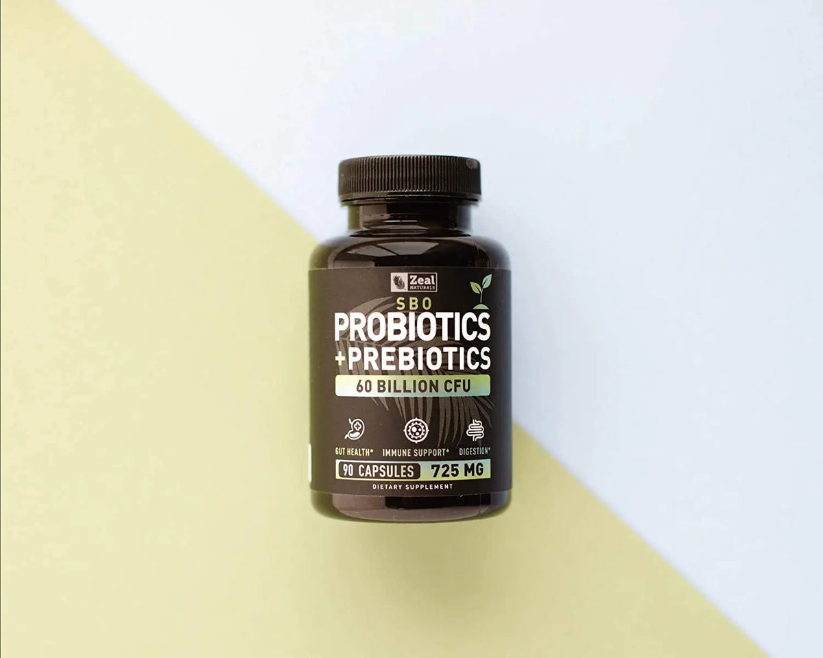 Probiotics and Prebiotics + SBO Probiotics (60 Billion CFU | 90 Capsules) Acidophilus Probiotic w. Saccharomyces Boulardii, Bifidobacterium + Spore Probiotic & Organic Sprouted Prebiotic Fiber Blend Zeal NaturalsBuy Supplements Australia