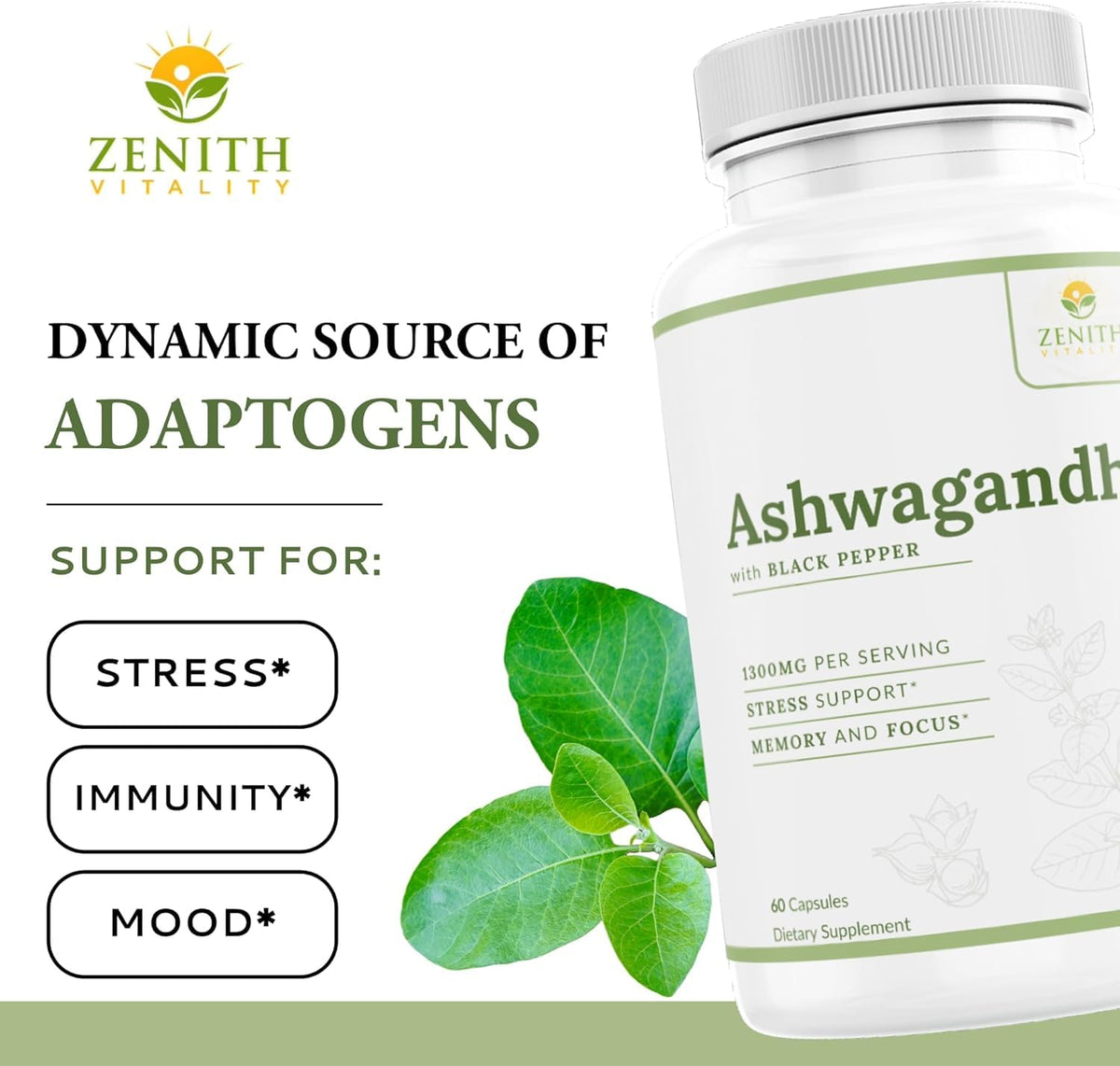 Zenith Vitality Ashwagandha 1300mg Capsules – Stress Relief & Cortisol Support, Immune & Energy Boost, Mental Clarity, Herbal Adaptogen Supplement – 60 Count Zenith VitalityBuy Supplements Australia