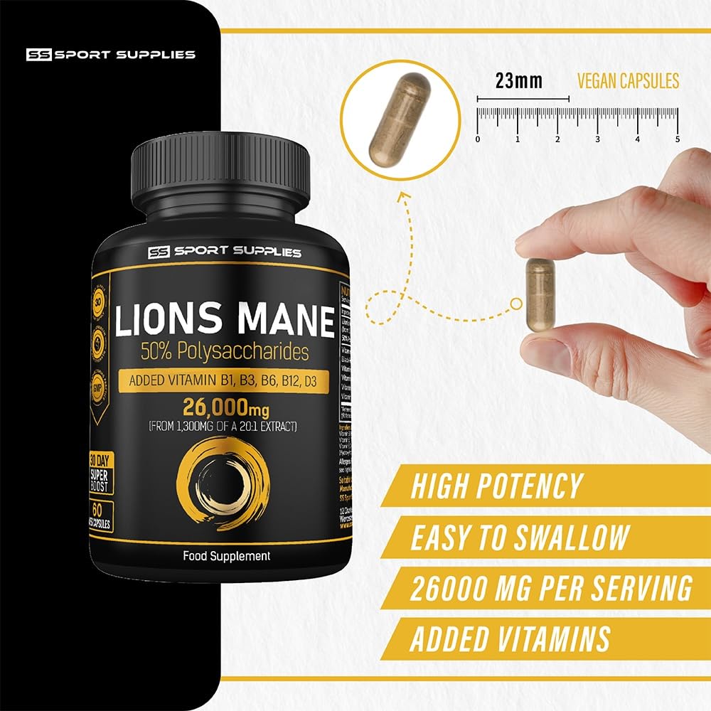 Lions Mane Supplement High Strength 26,000mg Plus 5 Vitamins SS Sport SuppliesBuy Supplements Australia
