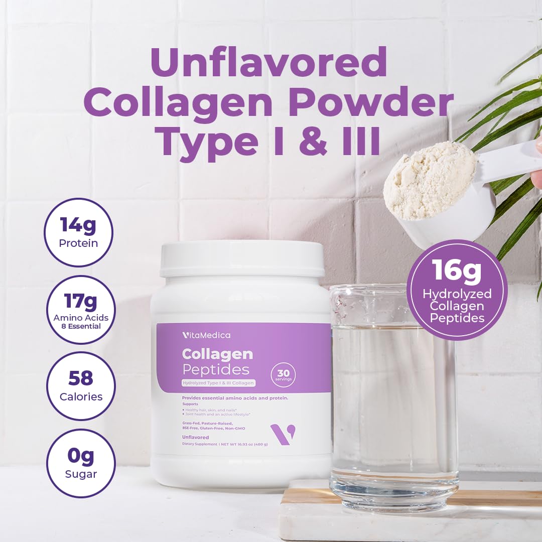 VitaMedica Collagen Peptides Powder for Women & Men - Healthy Hair, Skin, Nails, Bones and Joints - Hydrolyzed Types I & III, Grass-Fed, Pasture-Raised Protein, Zero Sugar - 30 Servings VitaMedicaBuy Supplements Australia