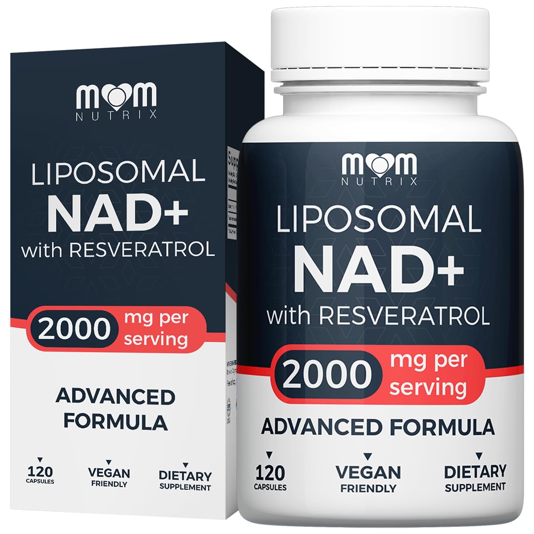 Mom Nutrix Liposomal NAD+ with Resveratrol supplement bottle and packaging on a white background