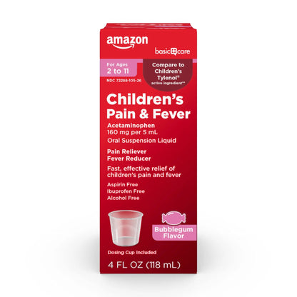 Amazon Basic Care Children's Pain Reliever and Fever Reducer, Acetaminophen 160 mg per 5 ml, Bubblegum Flavor, for Headache and Sore Throat, Ages 2-11 Years, 4 fl oz Amazon Basic CareBuy Supplements Australia