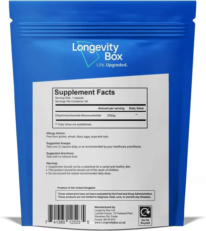 Longevity Box NMNH NMN Alternativen 250mg - 5X More Potent Dihydronicotinamide Mononucleotide NAD+ Booster for Peak Cellular Energy, DNA Repair & Healthy Aging - 60 Advanced Capsules Longevity BoxBuy Supplements Australia