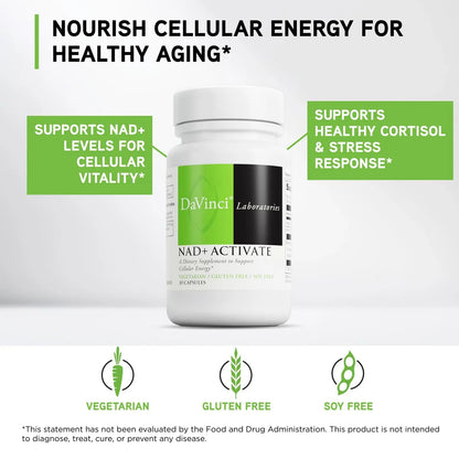 DAVINCI Labs NAD+ Activate - NAD Supplement with Vitamin C & Niacin - Helps Support Brain Health, Cellular Energy & More* - Vegetarian, Gluten-Free & Soy-Free - 30 Capsules DAVINCIBuy Supplements Australia