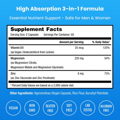 NutraChamps Magnesium Zinc & Vitamin D3 Supplement - Most Bioavailable Forms; Magnesium Glycinate, Malate, Citrate - Bone, Muscle & Heart Health,
