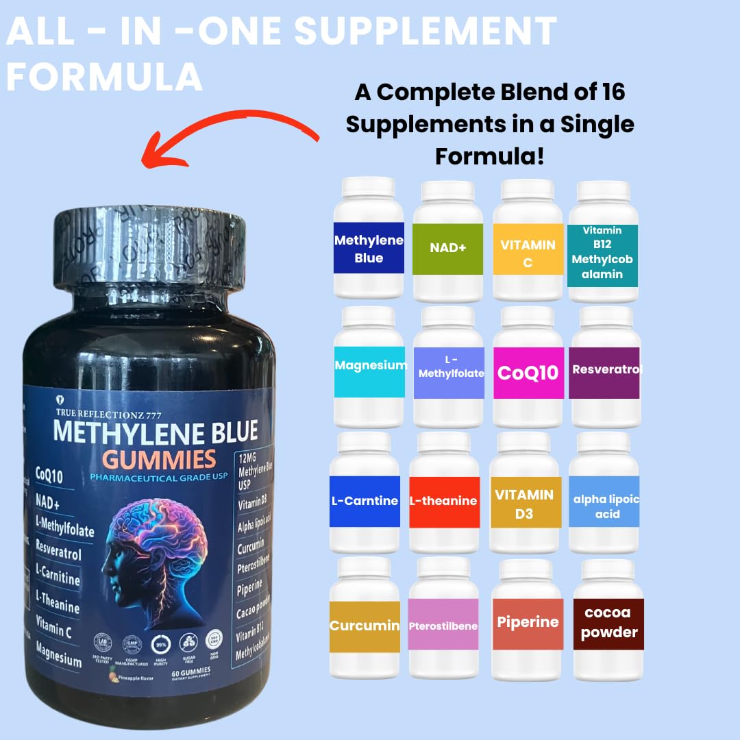 Methylene Blue Gummies 12mg Made in USA Cognitive Support w/Added Vitamin C, NAD,L Methylfolate, Methylcobalamin b12, Mitochondrial Support, Brain Health & Focus, Clarity, methylated Vitamins True reflectionzBuy Supplements Australia
