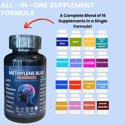 Methylene Blue Gummies 12mg Made in USA Cognitive Support w/Added Vitamin C, NAD,L Methylfolate, Methylcobalamin b12, Mitochondrial Support, Brain Health & Focus, Clarity, methylated Vitamins True reflectionzBuy Supplements Australia