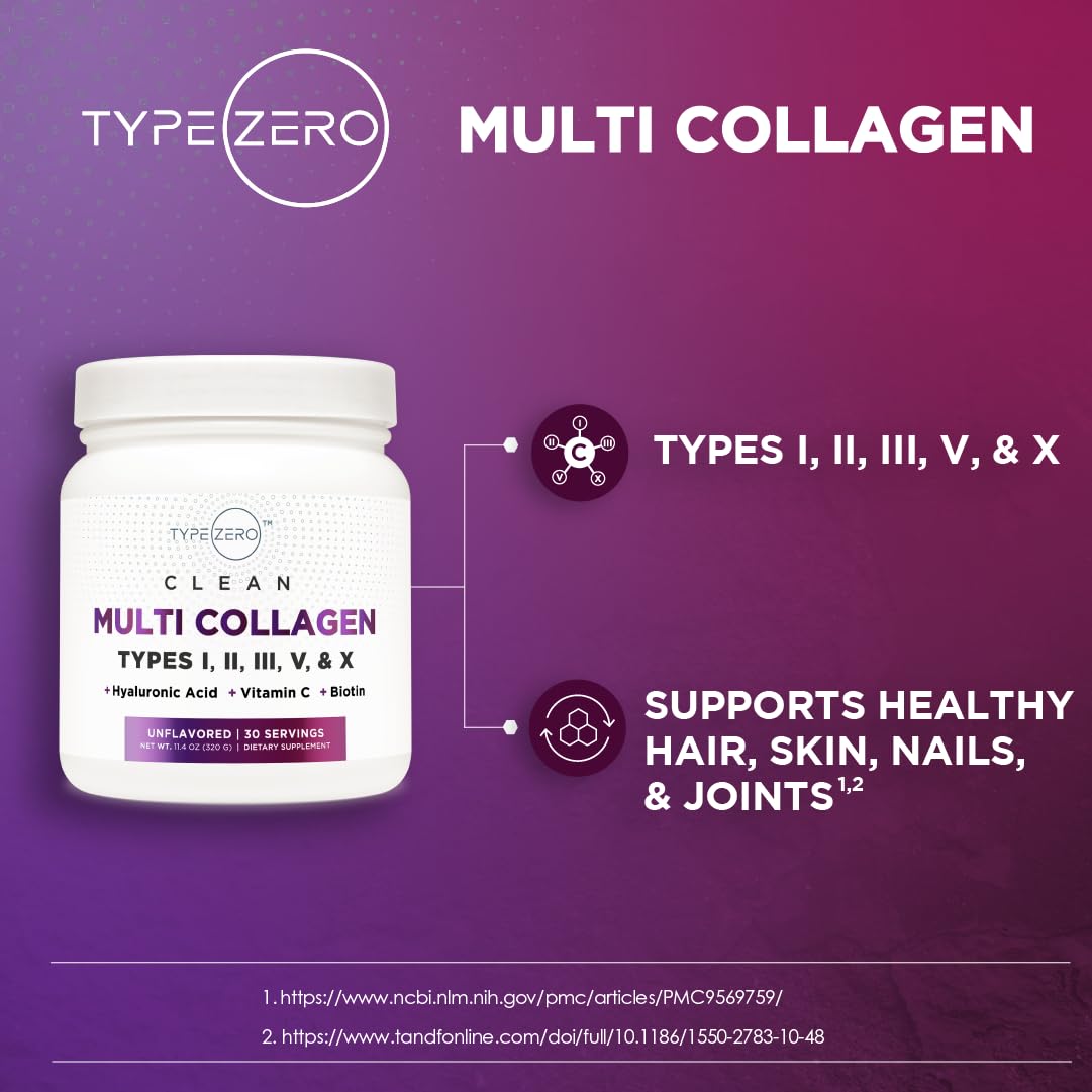 Type Zero Multi Collagen Powder 30 Servings (Unflavored) - Types I, II, III, V, & X Collagen Peptides + Hyaluronic Acid, VIT C, Biotin Type ZeroBuy Supplements Australia