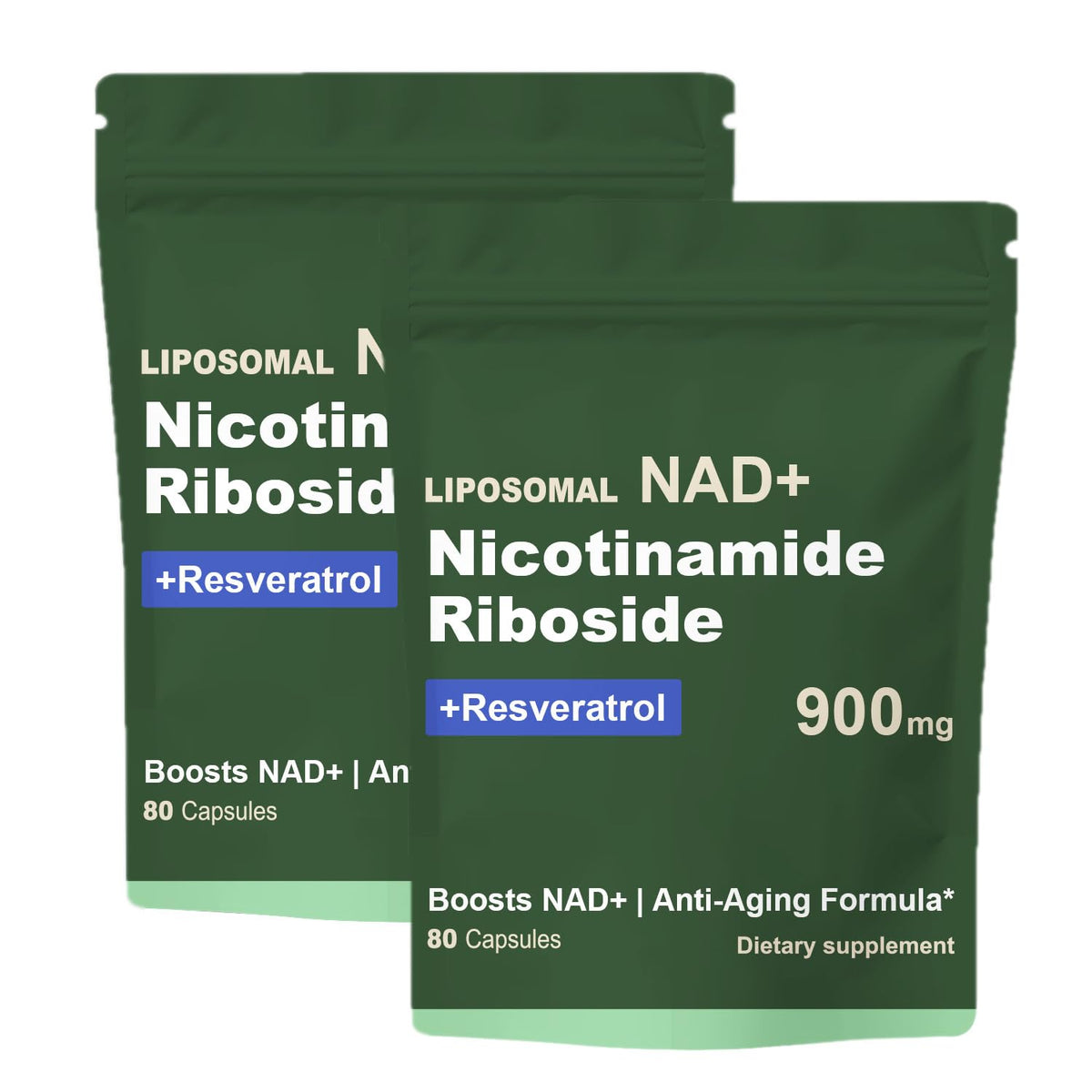 Two green supplement packages labeled 'Liposomal NAD+ Nicotinamide Riboside + Resveratrol' on a white background.