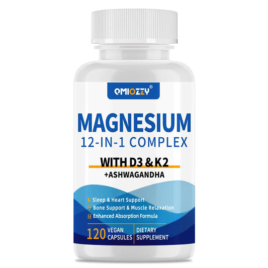 Supplement bottle labeled 'MAGNESIUM 12-IN-1 COMPLEX' with Omiozzy branding on a white background