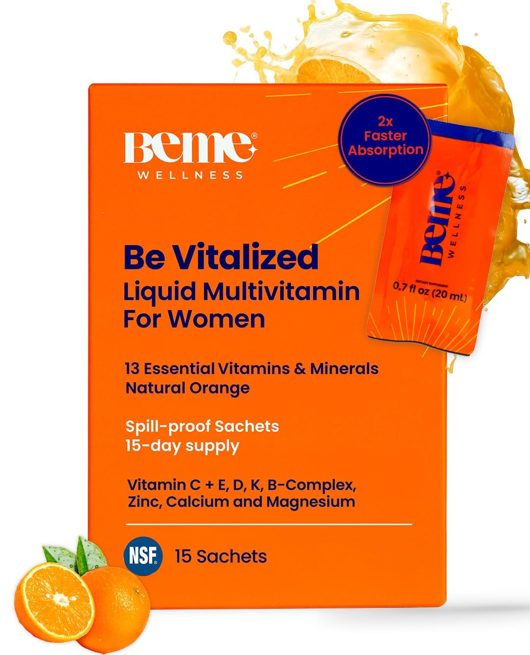 BeMe Liquid Multivitamins for Women - Advanced Liquid Delivery System with 13 Vitamins & Minerals - Tear & Go Sachets, Non-GMO, Orange Flavor (15 Sachets) BeMeBuy Supplements Australia