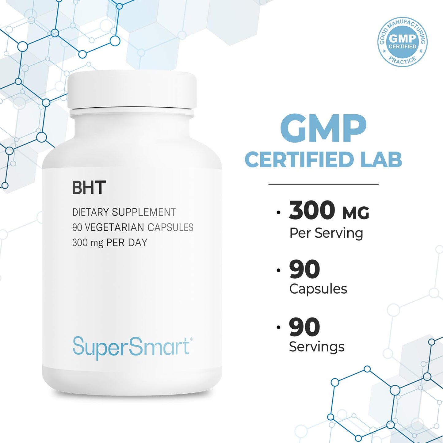 Supersmart - BHT Supplement 300mg per Day - Butylated Hydroxytoluene | Non-GMO & Gluten Free - 90 Vegetarian Capsules SupersmartBuy Supplements Australia