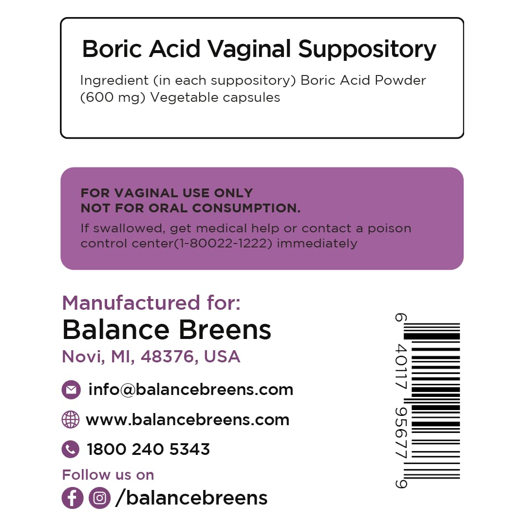 Boric Acid Suppositories for Women 600 mg - 30 Vaginal Use Capsules - ph Balance Pills, Odor Control BalancebreensBuy Supplements Australia