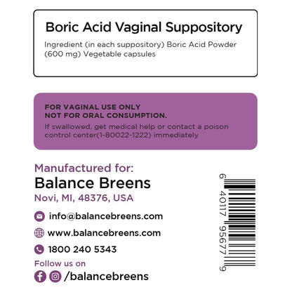 Boric Acid Suppositories for Women 600 mg - 30 Vaginal Use Capsules - ph Balance Pills, Odor Control BalancebreensBuy Supplements Australia