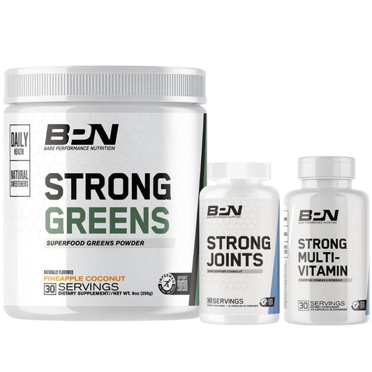 Three supplement containers from Bare Performance Nutrition on a white background