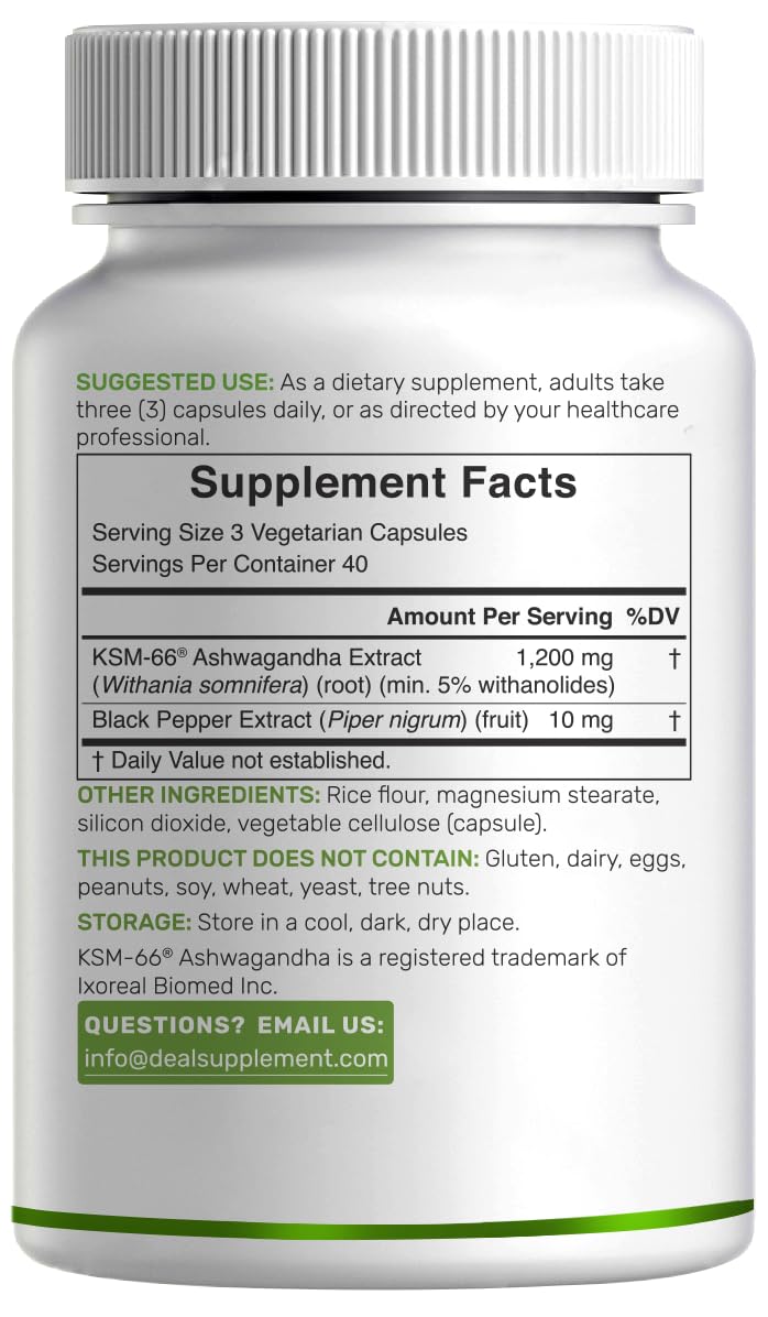 KSM 66 Ashwagandha 1,200mg with Black Pepper, 120 Veggie Capsules – Extra Strength Root Extract – High Absorption – Adaptogenic Supplements for Relaxation, Energy, & Brain Health – Non-GMO DEAL SUPPLEMENTBuy Supplements Australia