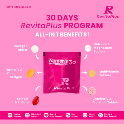 RevitaPlus Multivitamin for Women with Vitamin A,B,C,D3,E,K2,Biotin, Collagen,Krill Oil,Cranberries Supports Energy,Wellness,Beauty and Immune - Vitamin Packs for Women Health 30 Packs RevitaPlusBuy Supplements Australia