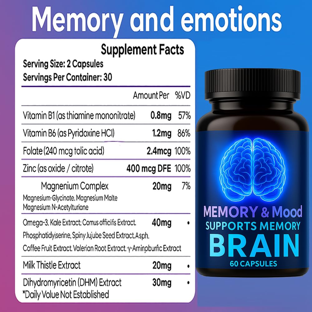 Nootropic Brain Supplements for Memory and Focus, Cognitive Support Formula with B Vitamins, Folate & Dihydromyricetin – Mental Clarity & Daily Performance, 60 Capsules (1) DFTLUUEBuy Supplements Australia