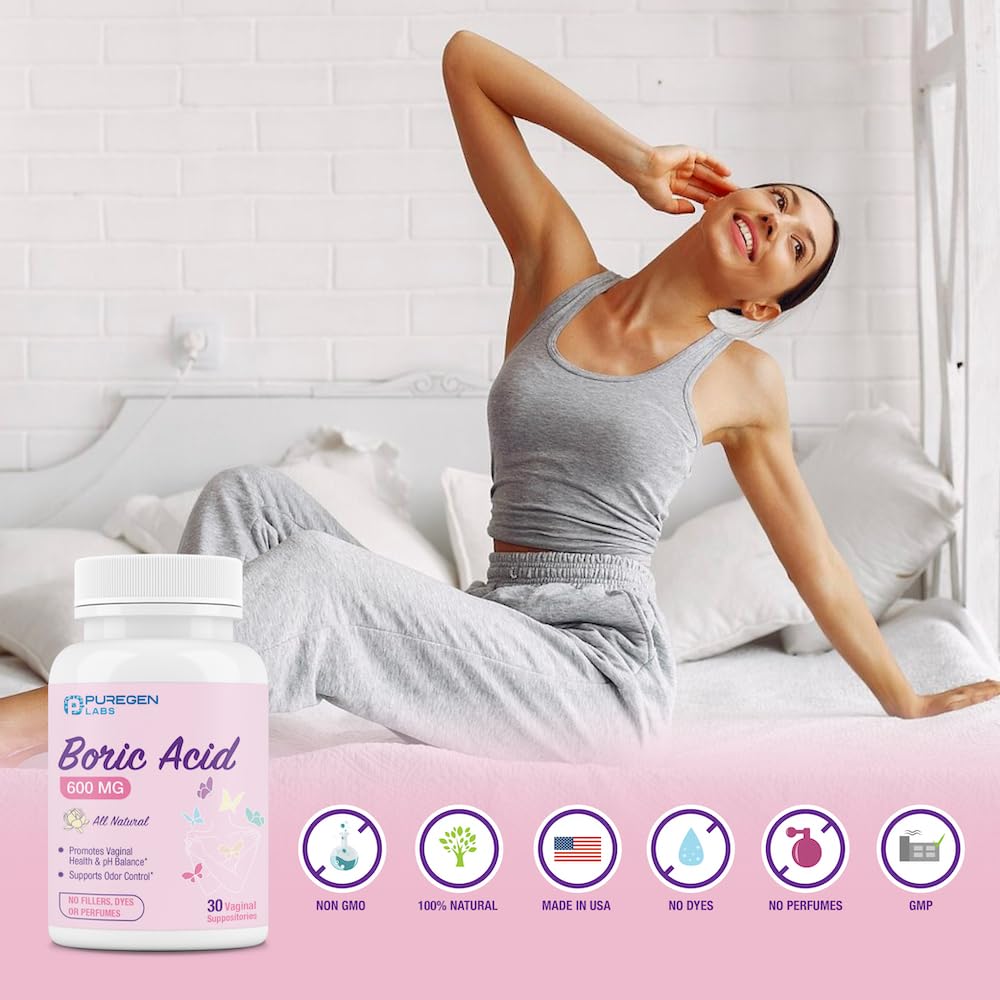 Puregen Labs Boric Acid 600 mg Vaginal Suppositories - 100% Pure | All Natural Without Dyes or Fillers P Puregen LabsBuy Supplements Australia