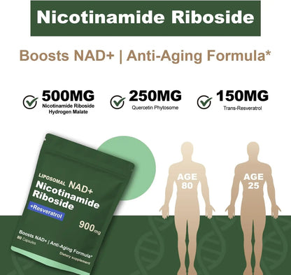 Boqiao NAD+ Supplement - Nicotinamide Riboside & Resveratrol 900mg – Fast-Absorbing Cellular Renewal Capsules for Energy, Anti-Aging & Brain Health – 80 Capsules BoqiaoBuy Supplements Australia