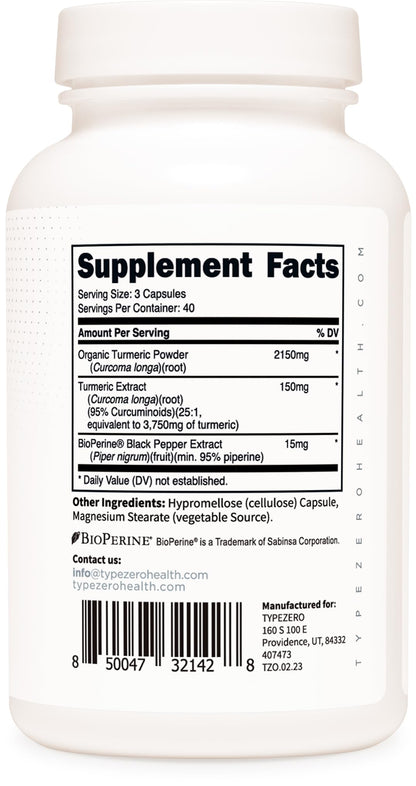 Type Zero Turmeric with Bioperine (120 Capsules) (2300mg per Serving) - GMO Free, Gluten Free, 3rd Party Tested Type ZeroBuy Supplements Australia
