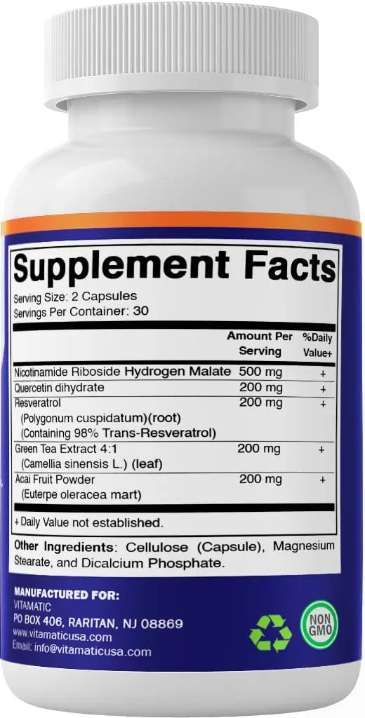 Vitamatic NAD Nicotinamide Riboside Supplement 1300mg 60 Ct - Support Healthy Aging, Cellular Energy Production, Made with Riboside, Quercetin, Resveratrol, Green Tea, & Acai Powder VitamaticBuy Supplements Australia