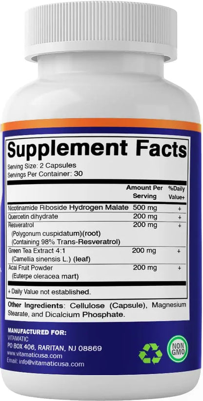 Vitamatic NAD Nicotinamide Riboside Supplement 1300mg 60 Ct - Support Healthy Aging, Cellular Energy Production, Made with Riboside, Quercetin, Resveratrol, Green Tea, & Acai Powder VitamaticBuy Supplements Australia