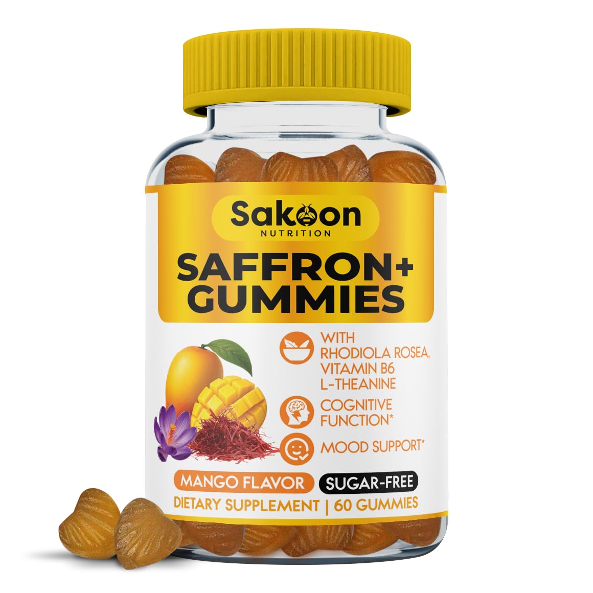 Saffron Gummies for Mood Boost & Stress Relief | Saffron Extract with 150mg Rhodiola Rosea & L-Theanine | Sugar Free Mango Flavor | Focus & Energy Supplement for Women & Men | 60 Count Sakoon nutrition buy supplements Au