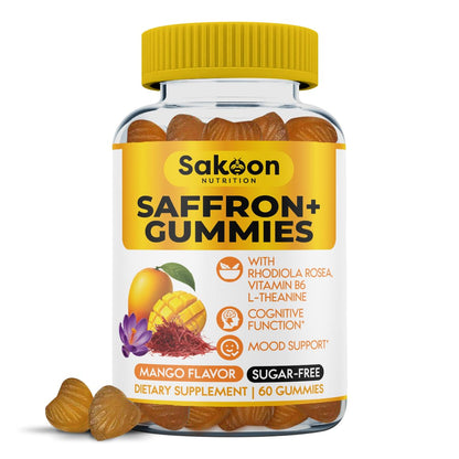 Saffron Gummies for Mood Boost & Stress Relief | Saffron Extract with 150mg Rhodiola Rosea & L-Theanine | Sugar Free Mango Flavor | Focus & Energy Supplement for Women & Men | 60 Count Sakoon nutrition buy supplements Au