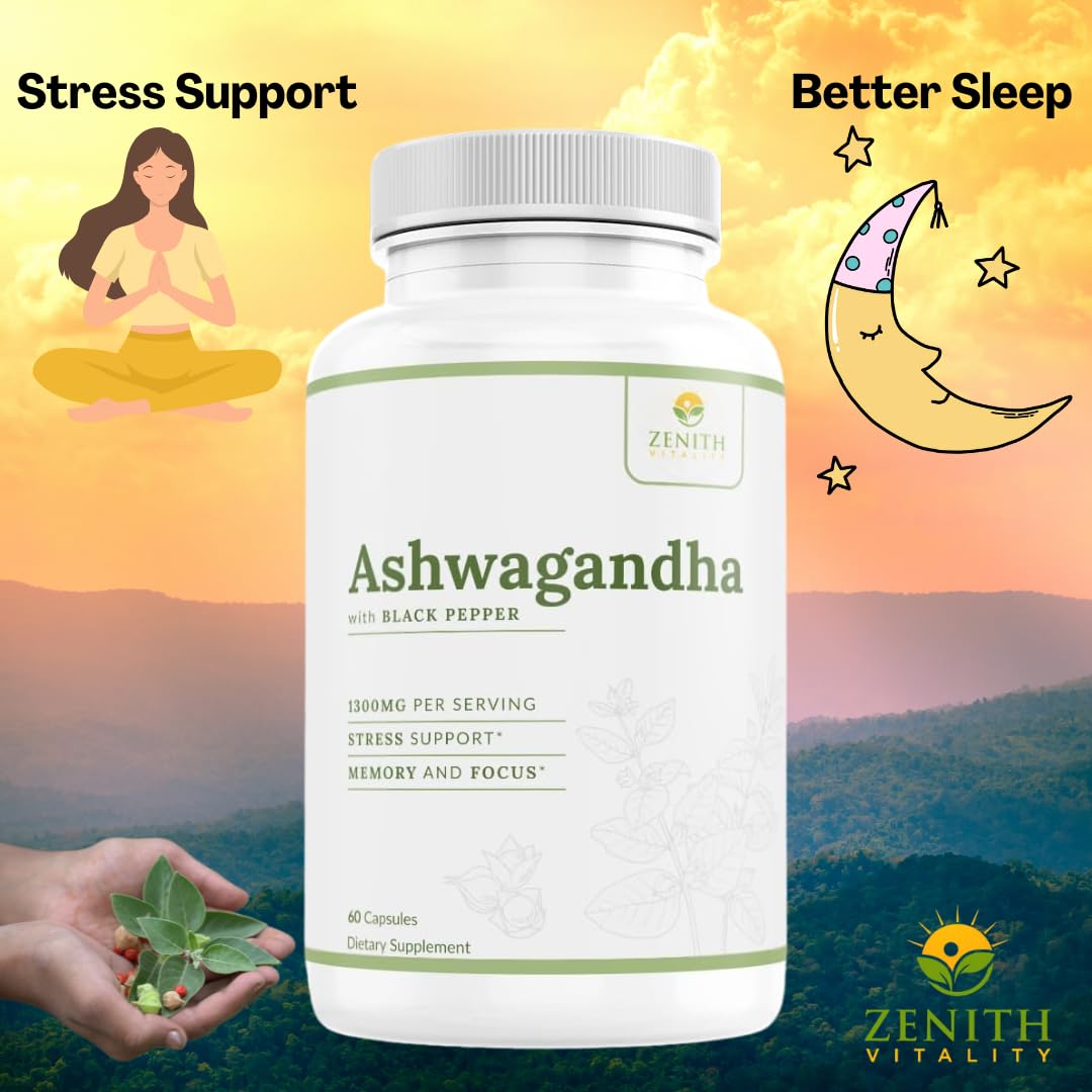 Zenith Vitality Ashwagandha 1300mg Capsules – Stress Relief & Cortisol Support, Immune & Energy Boost, Mental Clarity, Herbal Adaptogen Supplement – 60 Count Zenith VitalityBuy Supplements Australia