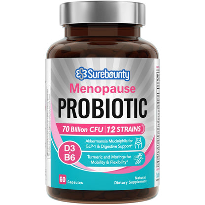 Surebounty Menopause Probiotic Supplement for Women, 70 Billion CFU, with Akkermansia Muciniphila, Vitamins B6 & D3, Botanicals, for Hormone Balance, Hot Flashes, Night Sweats, Gut Health, 60 Capsules SurebountyBuy Supplements Australia