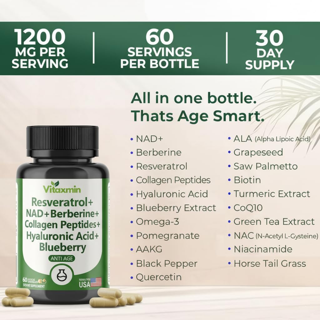 vitaxmin NAD Resveratrol Supplement 200mg with Berberine NAC Collagen - Nicotinamide Riboside NMN NADH CoQ10 Biotin Hyaluronic Acid - Hair Skin Nails Supplement - 60 Capsules vitaxminBuy Supplements Australia
