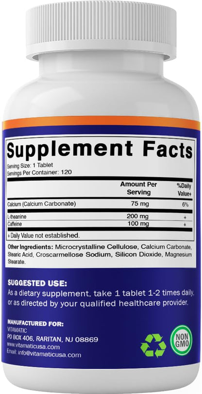 Vitamatic L-Theanine 200mg with Caffeine 100mg – 120 Vegetarian Tablets Nootropic Supplement for Focused Energy & Mental Clarity VitamaticBuy Supplements Australia