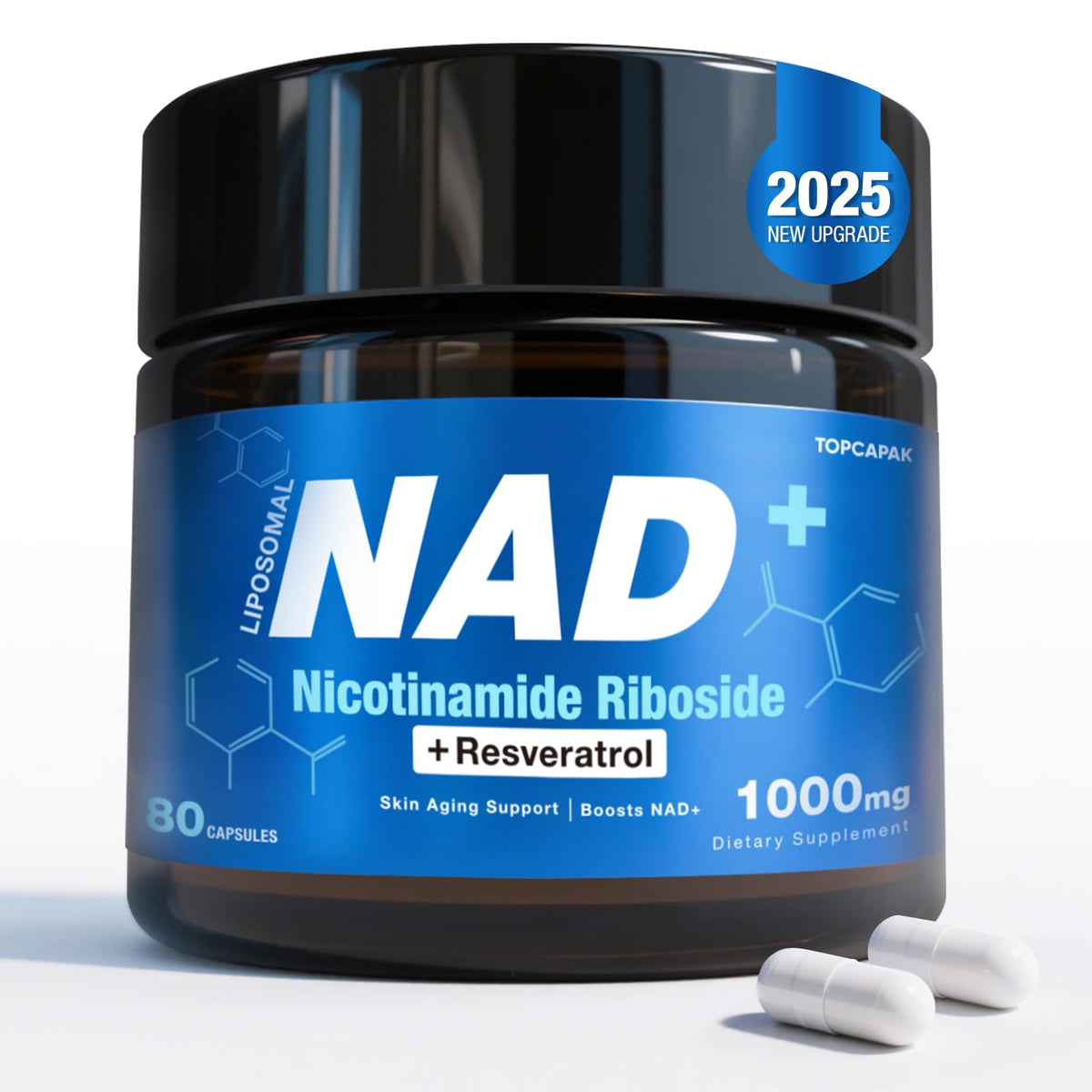 Supplement container labeled 'NAD+ Nicotinamide Riboside + Resveratrol' with blue label and black lid.