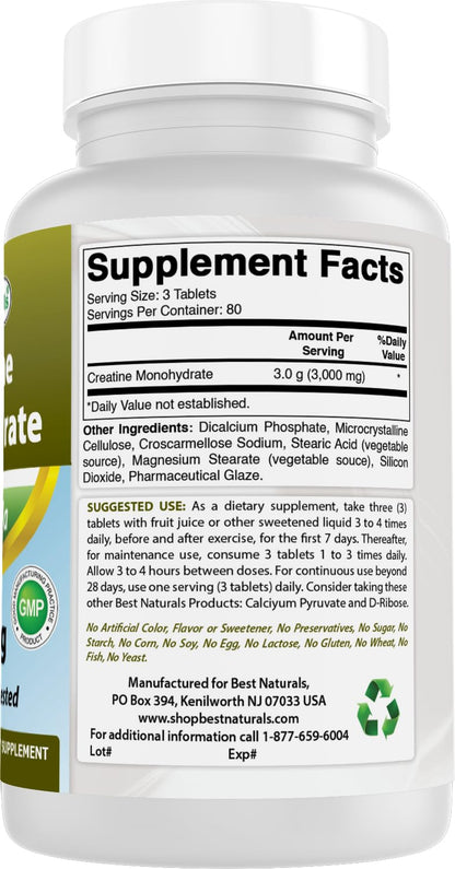 Best Naturals Creatine Monohydrate 1000 mg 240 Tablets Best NaturalsBuy Supplements Australia