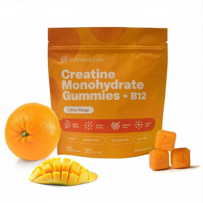 VYBRANCE LABS Creapure Creatine Gummies 5g + Taurine & B12 - Sugar-Free, Vegan, Gluten-Free - Citrus Mango - 120 Count (30 Servings) for Strength, Energy & Focus VYBRANCE LABSBuy Supplements Australia