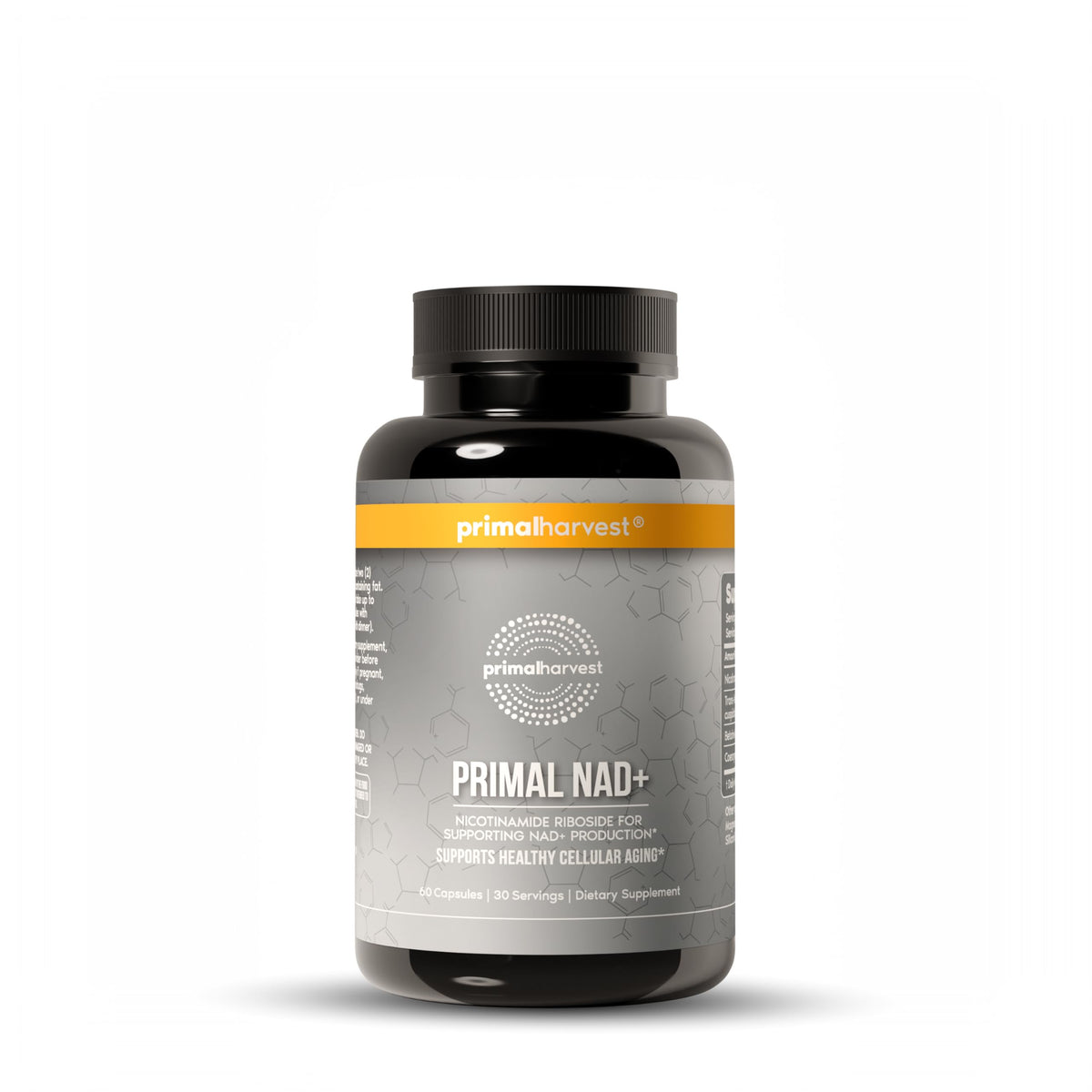 Primal NAD+ supplement bottle with Primal Harvest label on a white background