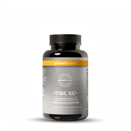 Primal NAD+ supplement bottle with Primal Harvest label on a white background