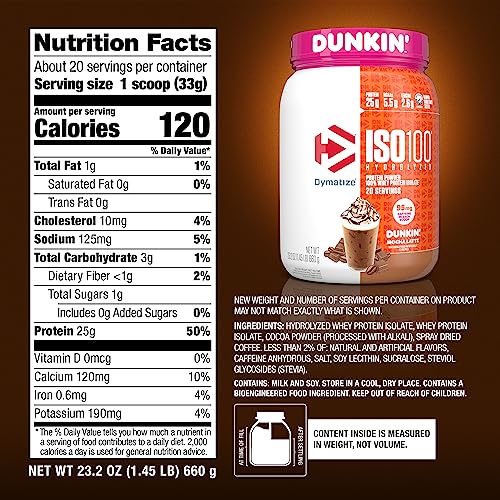 Dymatize ISO100 Hydrolyzed Protein Powder in Dunkin' Mocha Latte Flavor, 100% Whey DymatizeBuy Supplements Australia