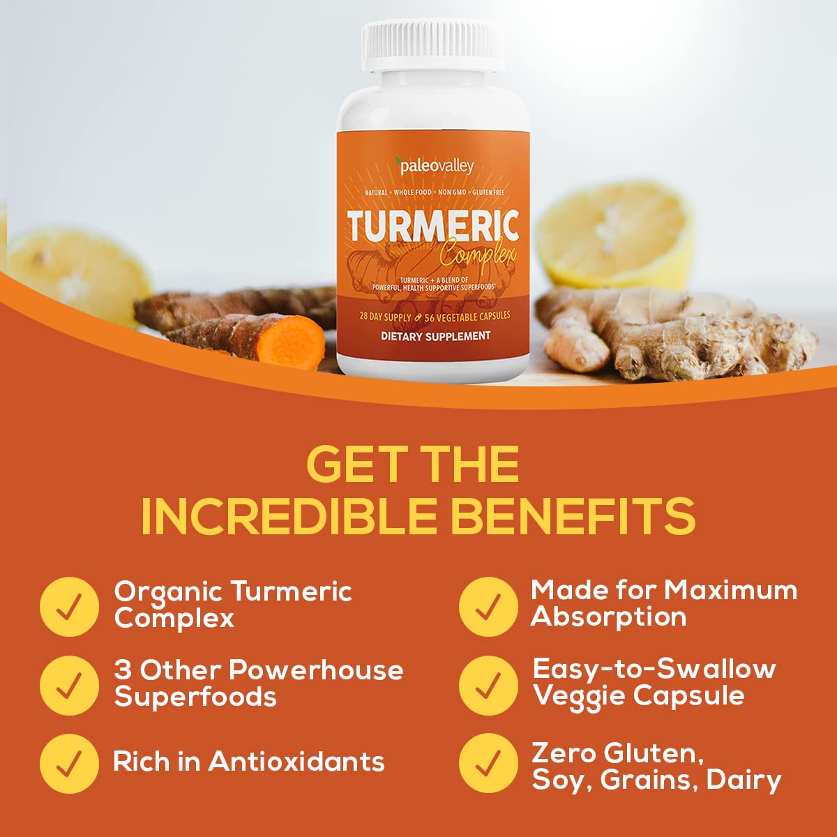 Paleovalley - Organic Turmeric Complex - Full Spectrum Organic Turmeric with Health-Supportive Superfoods - 56 Vegetarian Capsules - Support Joints, Immunity, Brain and Heart Health PaleovalleyBuy Supplements Australia