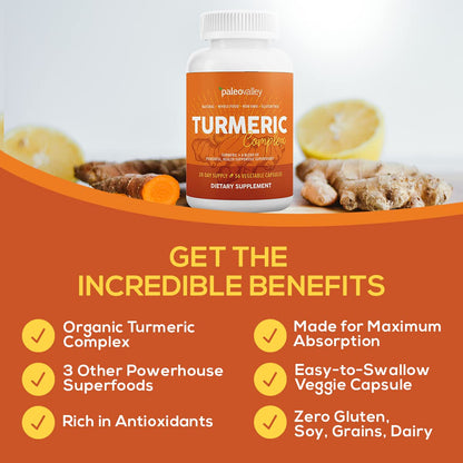 Paleovalley - Organic Turmeric Complex - Full Spectrum Organic Turmeric with Health-Supportive Superfoods - 56 Vegetarian Capsules - Support Joints, Immunity, Brain and Heart Health PaleovalleyBuy Supplements Australia