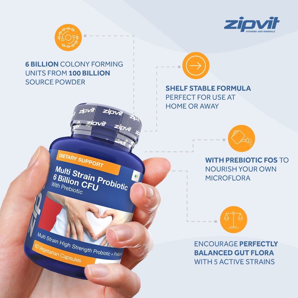 Probiotic 6 Billion Multi-Strain Live Bio Cultures Complex with Prebiotic, 60 Vegetarian ZipvitBuy Supplements Australia