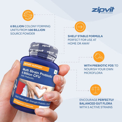 Probiotic 6 Billion Multi-Strain Live Bio Cultures Complex with Prebiotic, 60 Vegetarian ZipvitBuy Supplements Australia