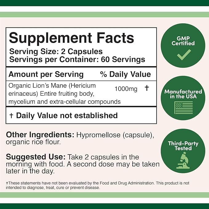 Lions Mane Supplement Mushroom Capsules (Two Month Supply - 120 Count) for Brain Double Wood SupplementsBuy Supplements Australia
