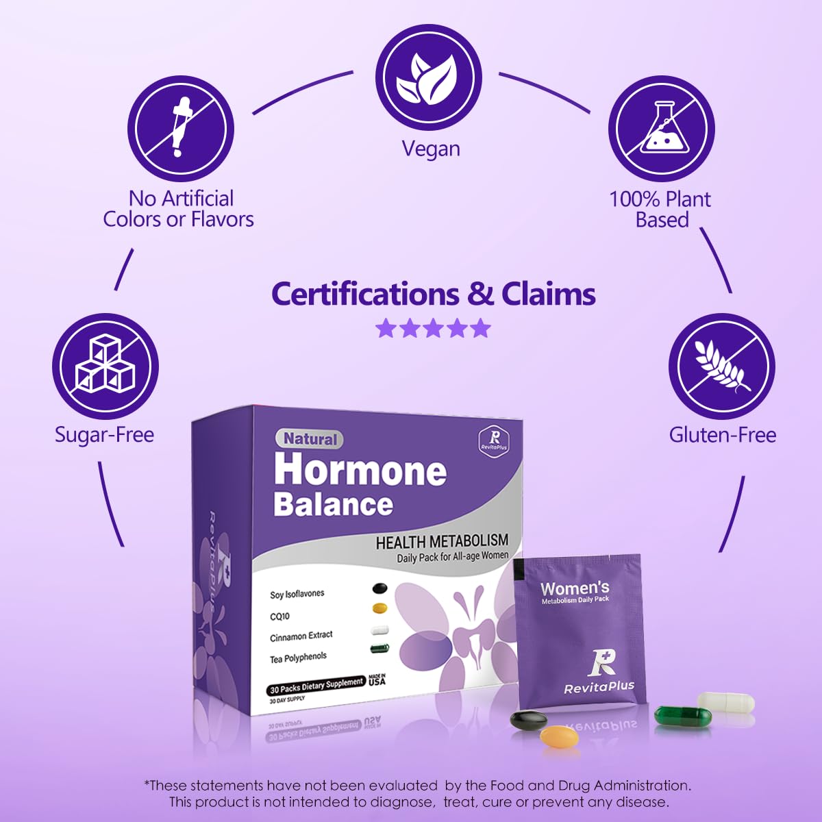 Natural Hormone Balance for Women, Menopause Supplements for Women with Evening Primrose Oil,CoQ10,Soy Isoflavones, Daily Pack Supports Peri+Menopause+Post, PMS,Metabolism,Mood,Energy 30Packs RevitaPlusBuy Supplements Australia