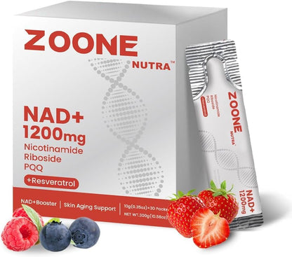 ZOONE Nutra NAD+ supplement packaging with berries on a white background