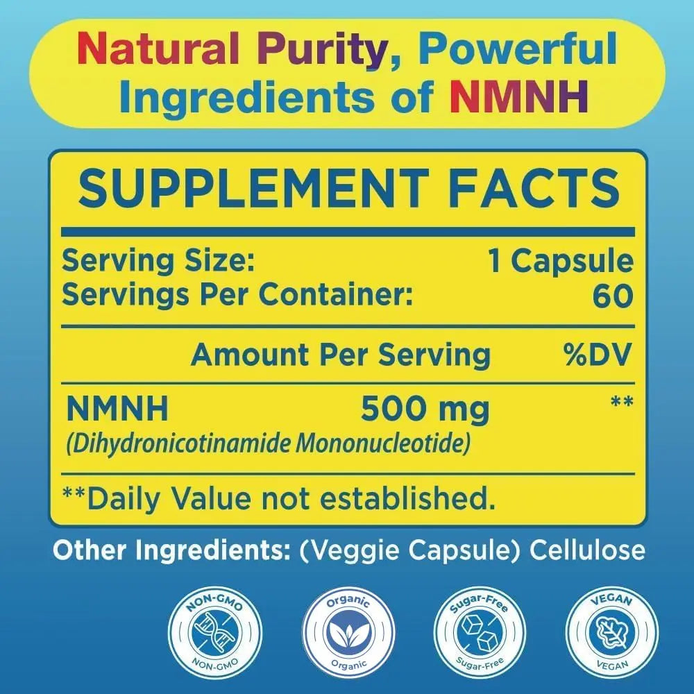 NMNH (NMN Supplement Alternative) NAD Supplements for Anti Aging, Energy, Immune, Focus (Dihydronicotinamide Mononucleotide) 500mg, to Boost NAD+ Levels As We Age, Pure Organic - 60 Capsules BeyyolyBuy Supplements Australia